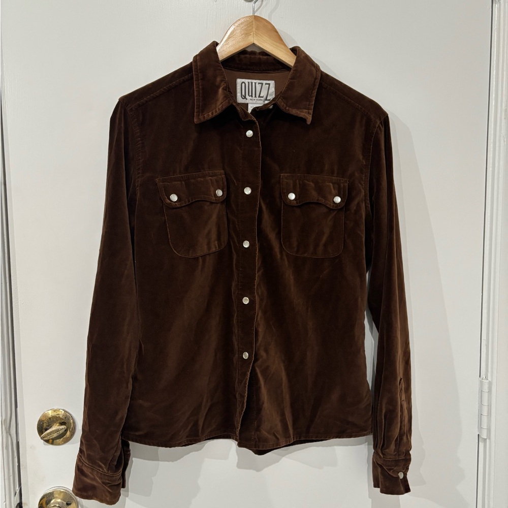 Quizz New York Velvet Pearl Snap Brown Button Down Cotton Shirt Size M Women’s